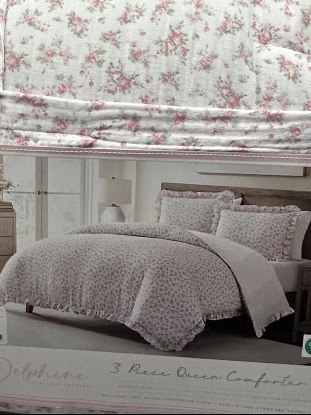 Delphine Queen Pink, White and Green Floral Cotton Gauze Comforter Set 90”x90”